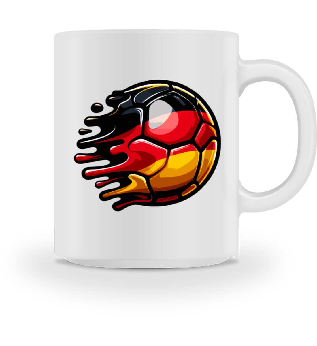 Kaffeetasse mit stylisiertem Fußball im Deutschland-Design für Fußballfans.
