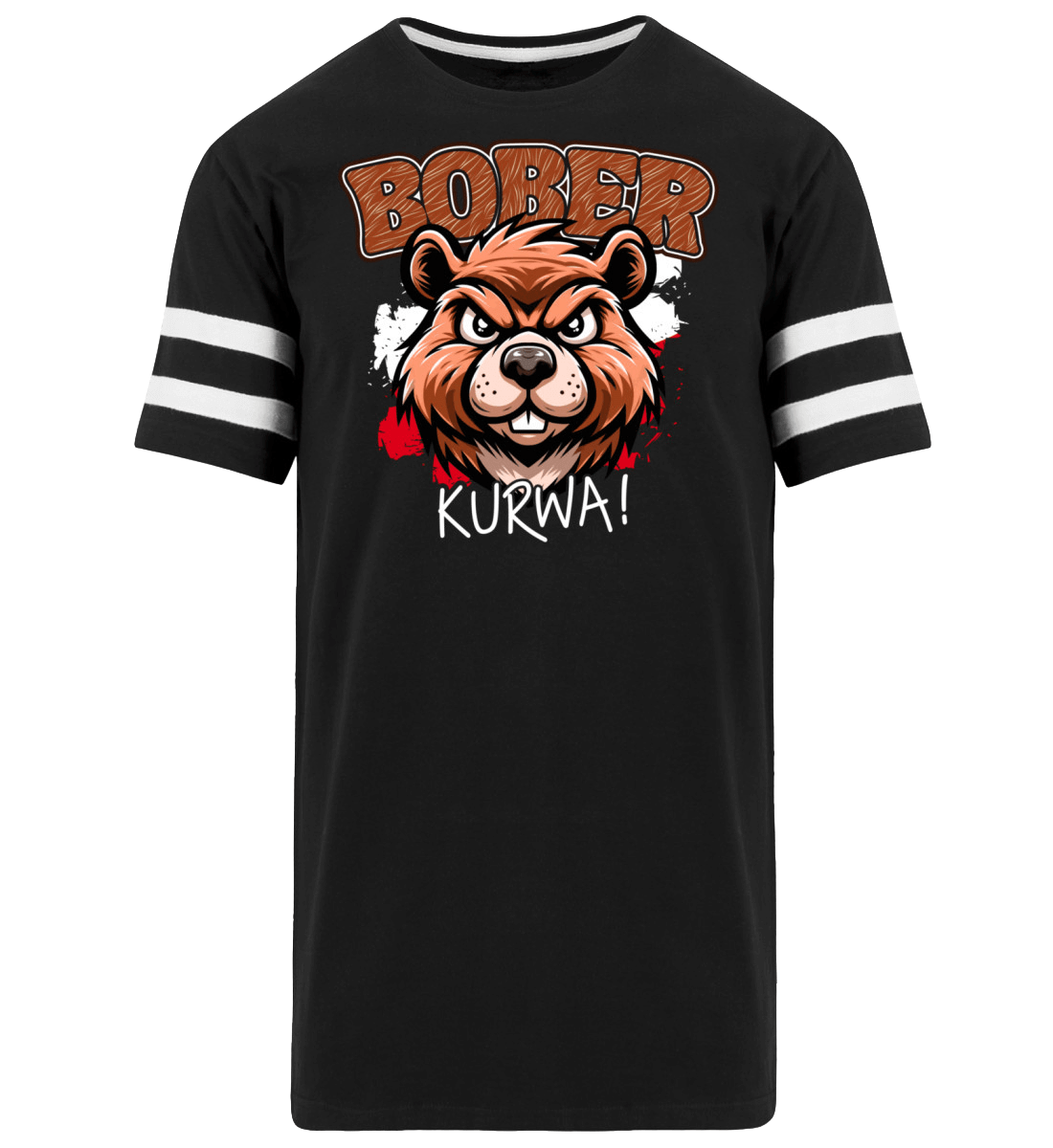 Bober Kurwa Long Shirt featuring a bear graphic with bold text design and sporty stripes.