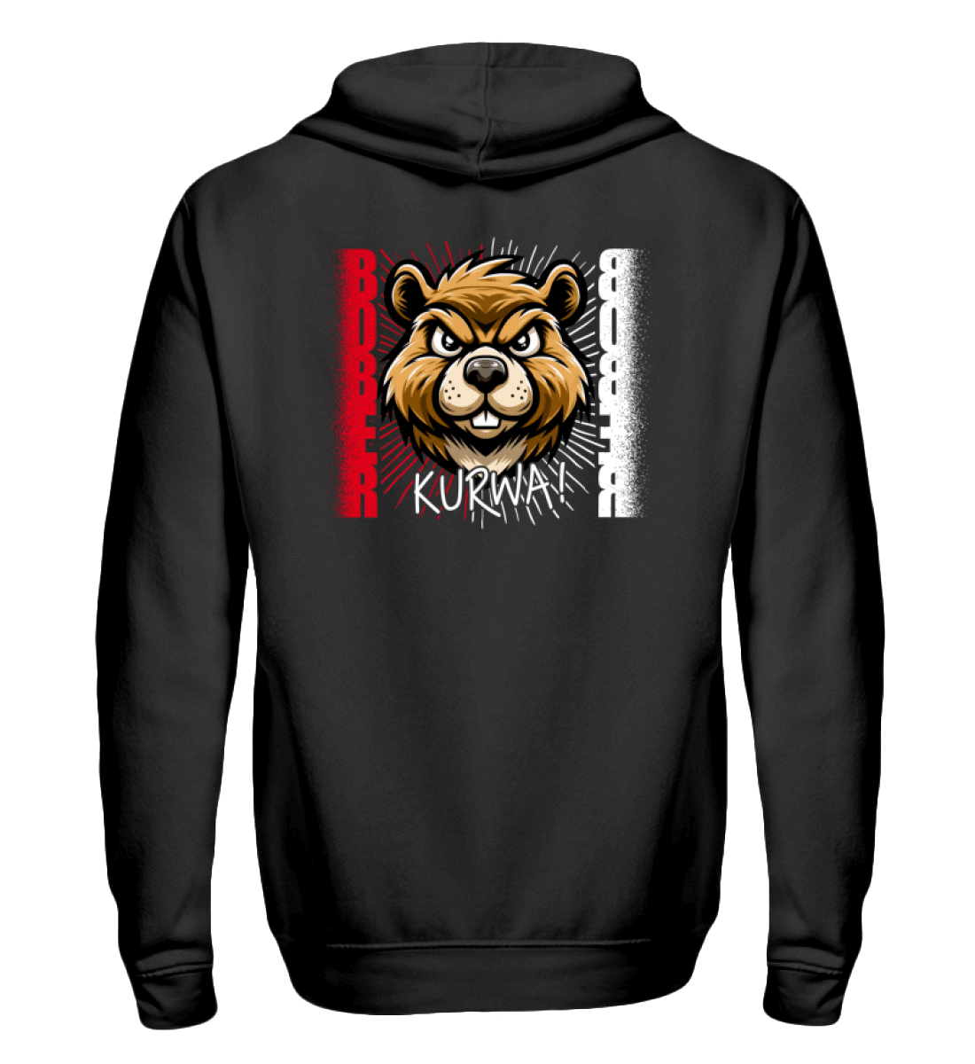 Bober Kurwa Zip-Hoody featuring a bold graphic design of a bear on a black hooded sweatshirt.