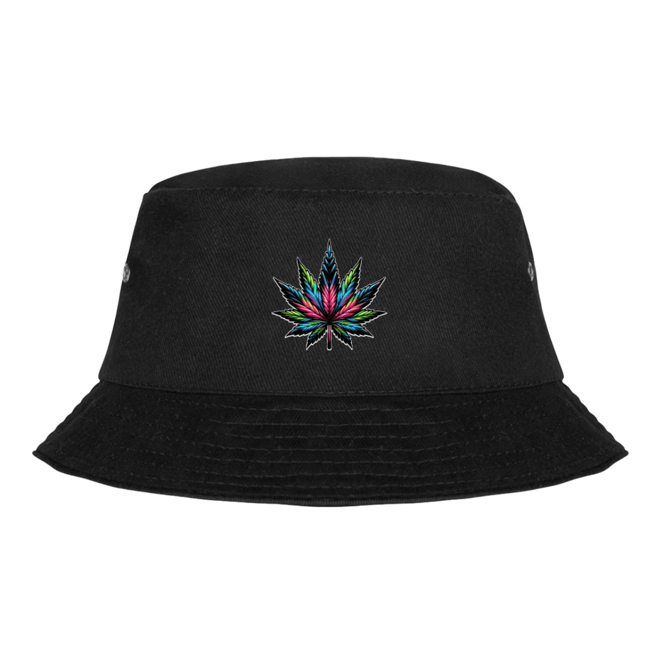 Premium Fischerhut mit Neon Cannabis-Blatt Retro 420 Style, 100% Baumwolle, Unisex Design, gefertigt in Deutschland