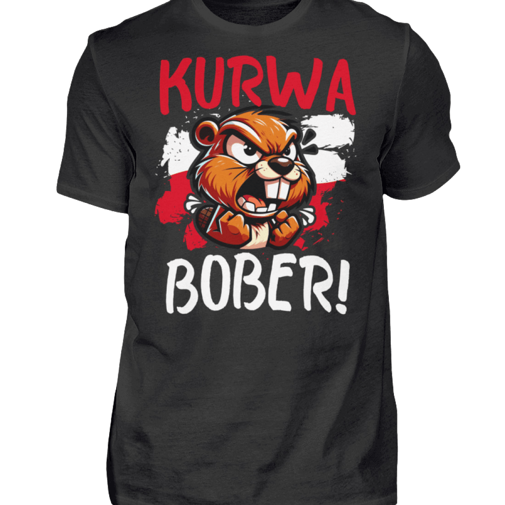 Herren T-Shirt BOBER by Pixdesign, 100% Baumwolle, schwarz mit wütendem Biber-Design und "Kurwа Bober!" Schriftzug