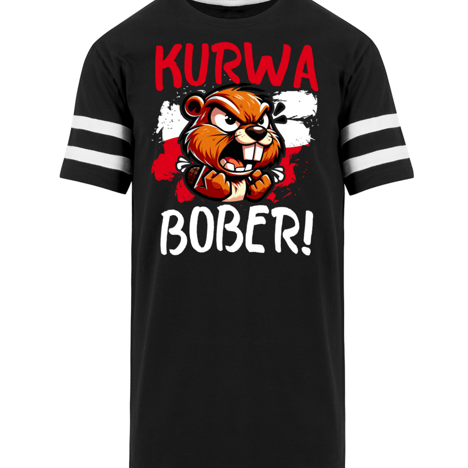 BOBER Herren Striped Long Shirt by Pixdesign featuring a graphic print of an aggressive beaver with "Kurwa Bober!" text.