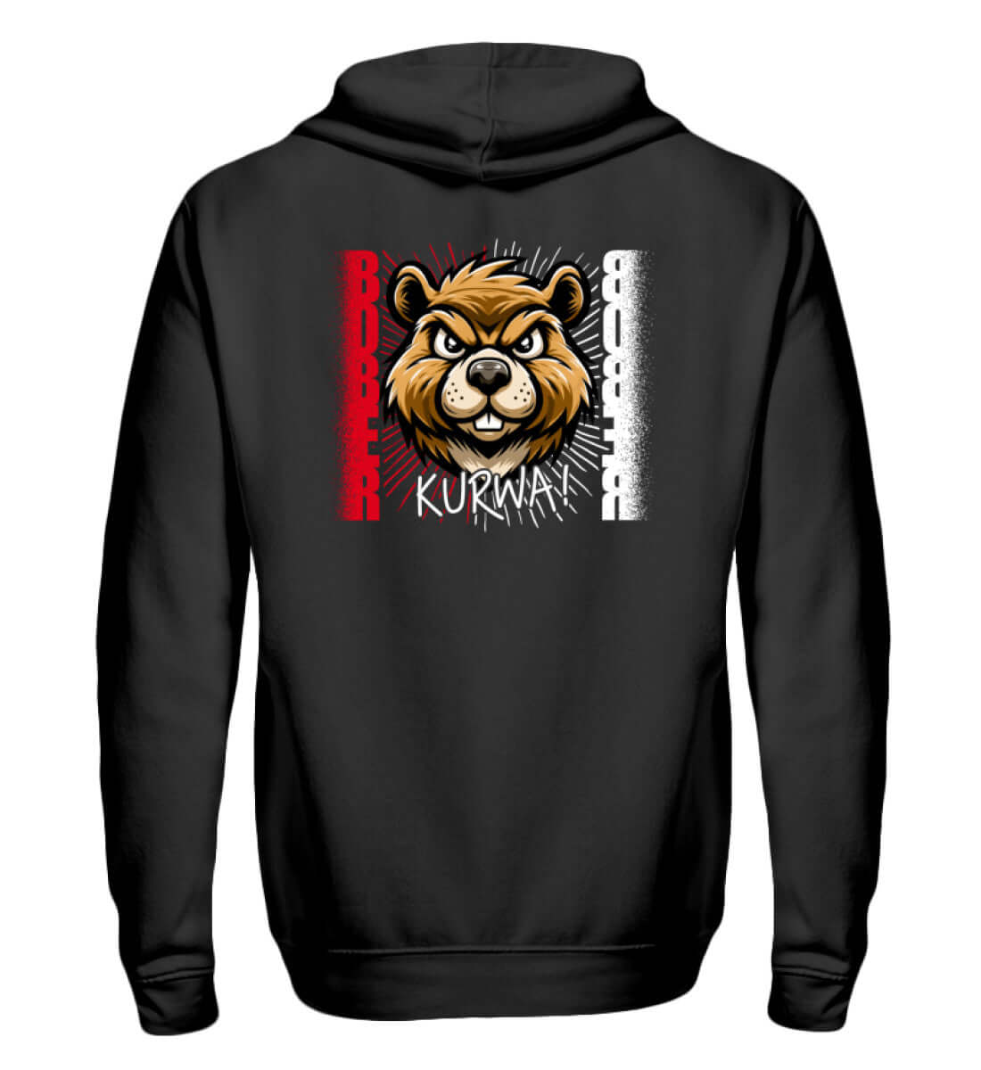 Bober Kurwa Zip-Hoody featuring a fierce bear graphic on a black background, perfect for casual wear.