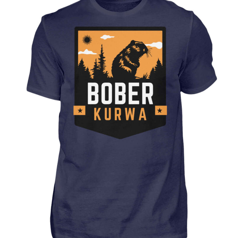 BOBER Kurwa Herren T-Shirt in premium Qualität aus 100% vorgeschrumpfter Baumwolle, dunkelblau mit Biber- und Waldmotiv.