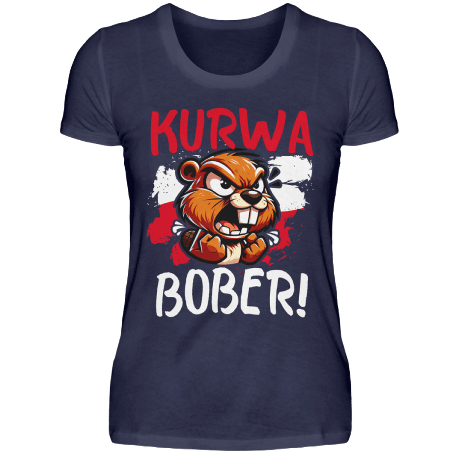 Navy blue Damen T-Shirt with "Kurwa Bober!" text and angry bear graphic. Produced in Germany. Comfortable round neck style.