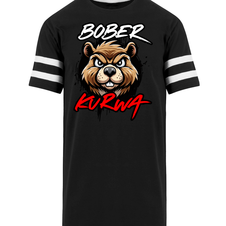 BOBER Herren Striped Long Shirt with bear graphic and contrast stripes on sleeves. Urban style, sporty black shirt for street fashion.