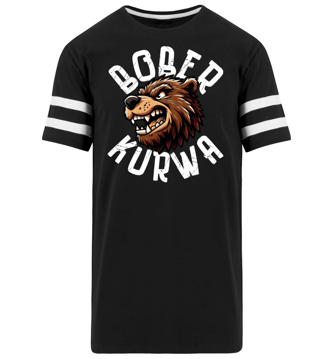 Bober Kurwa Long Striped t-shirt featuring a bear graphic on a black background with white stripes.