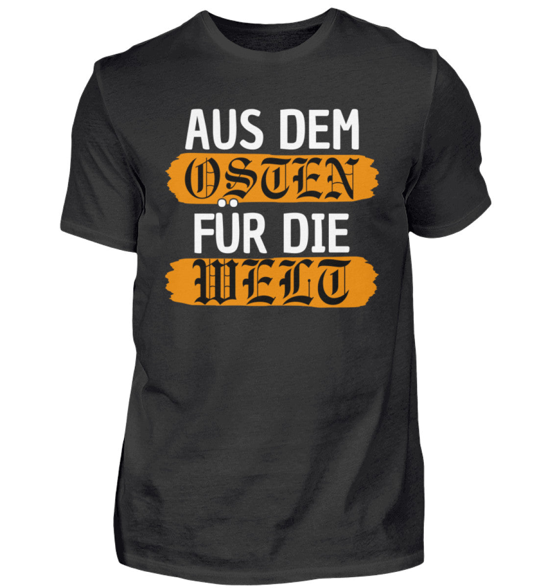 Ostdeutschland T-Shirt in Schwarz mit dem Spruch "Aus dem Osten für die Welt" in orange und weiß, aus 100 % Baumwolle.