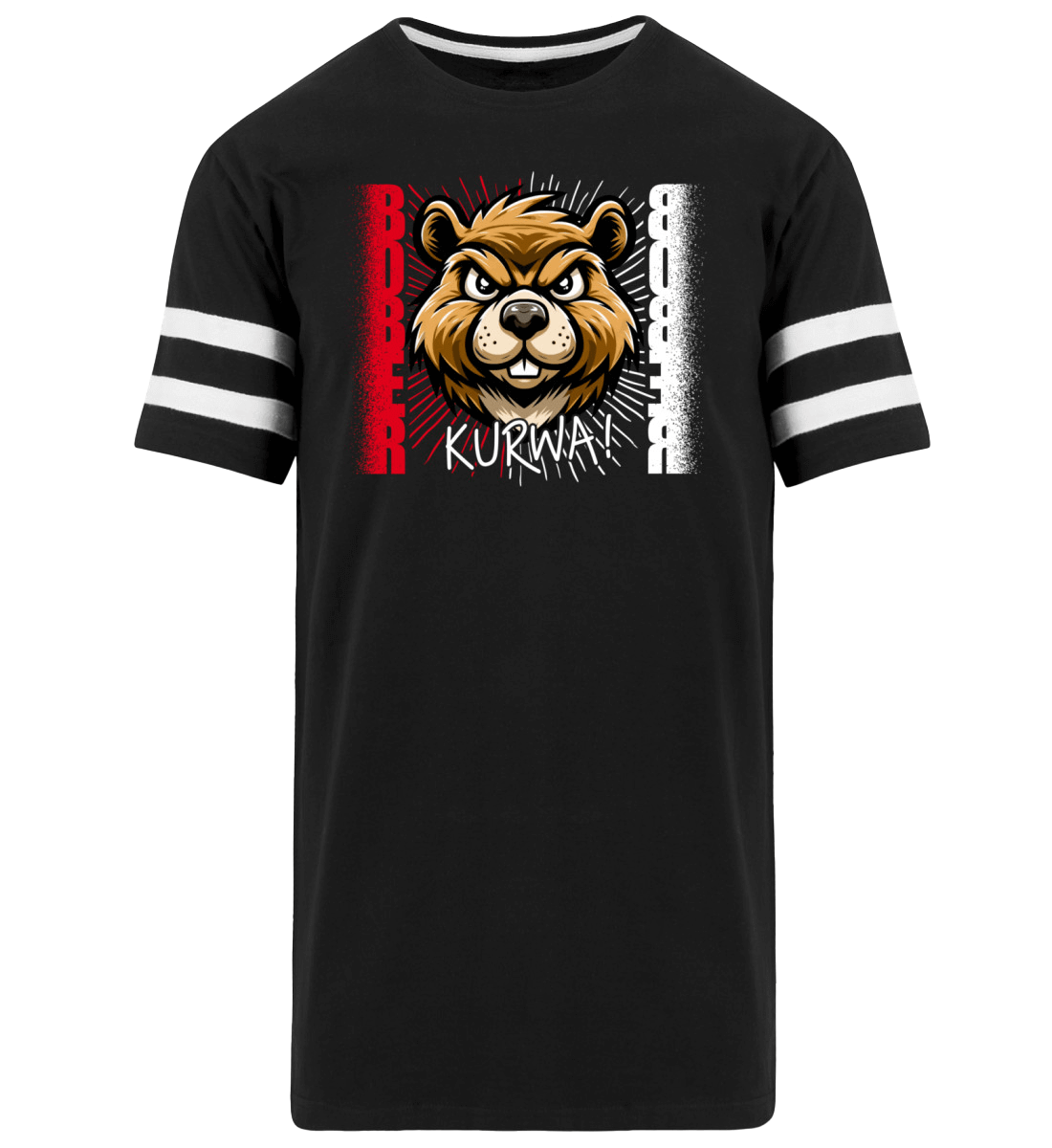 Bober Kurwa Striped Long black t-shirt featuring a fierce lion graphic and bold text design.