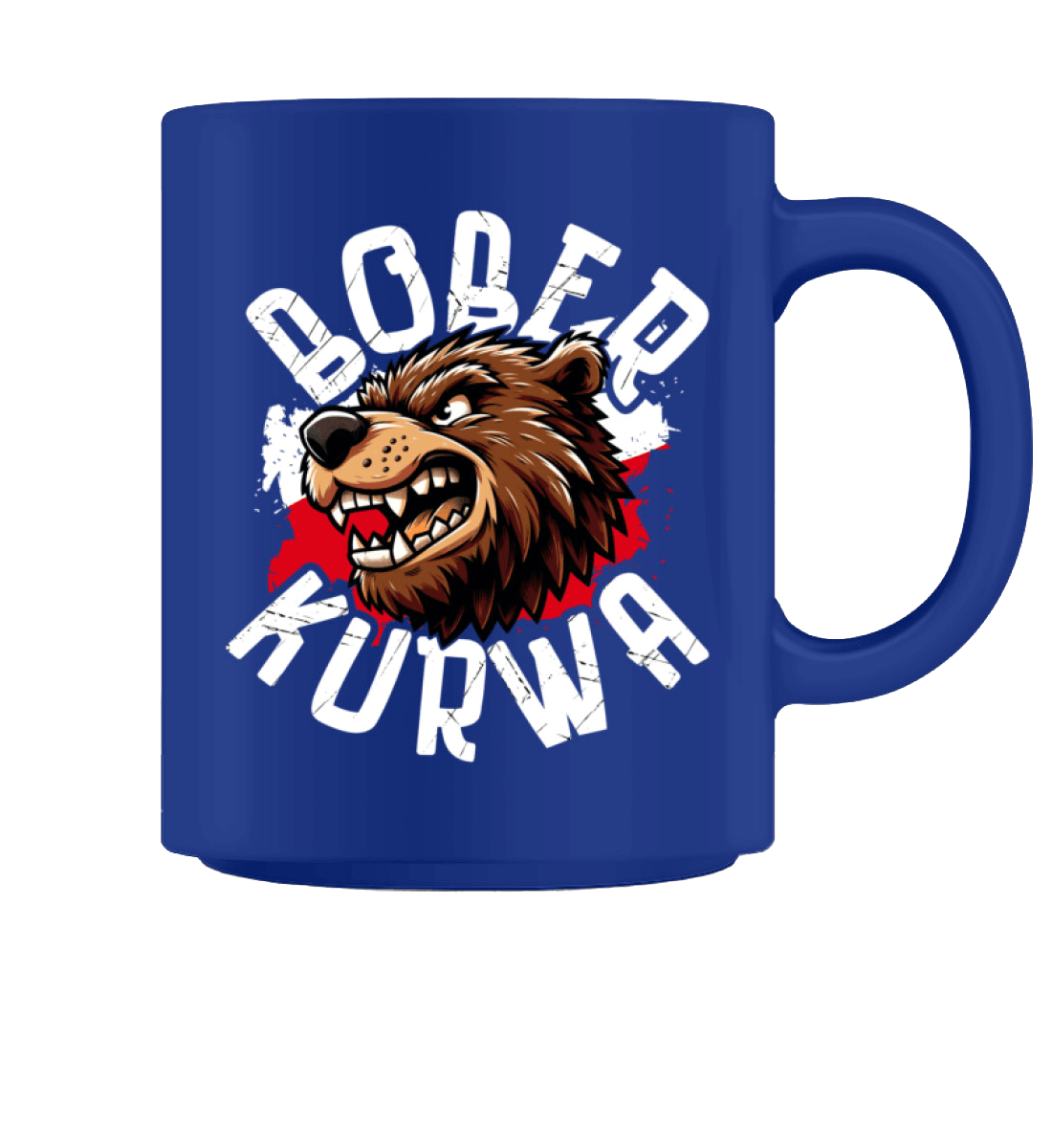Bober Kurwa Becher – blauer Keramikkaffeebecher mit Biber-Motiv und Schriftzug.