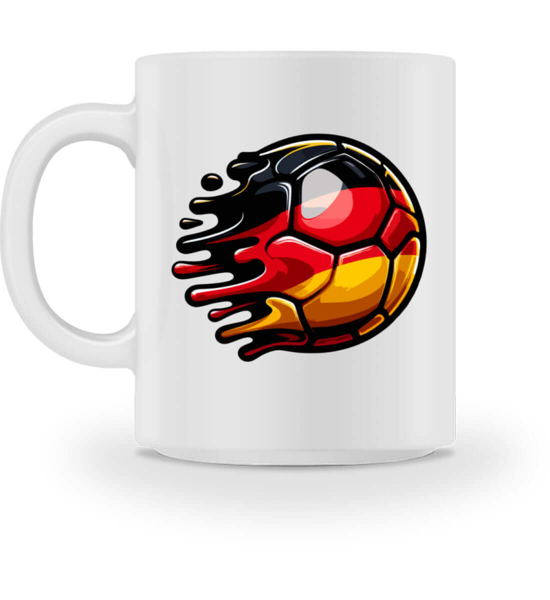 Kaffeetasse mit einem modernen Fußball-Design in den Farben Deutschlands, ideal für Fußballfans.