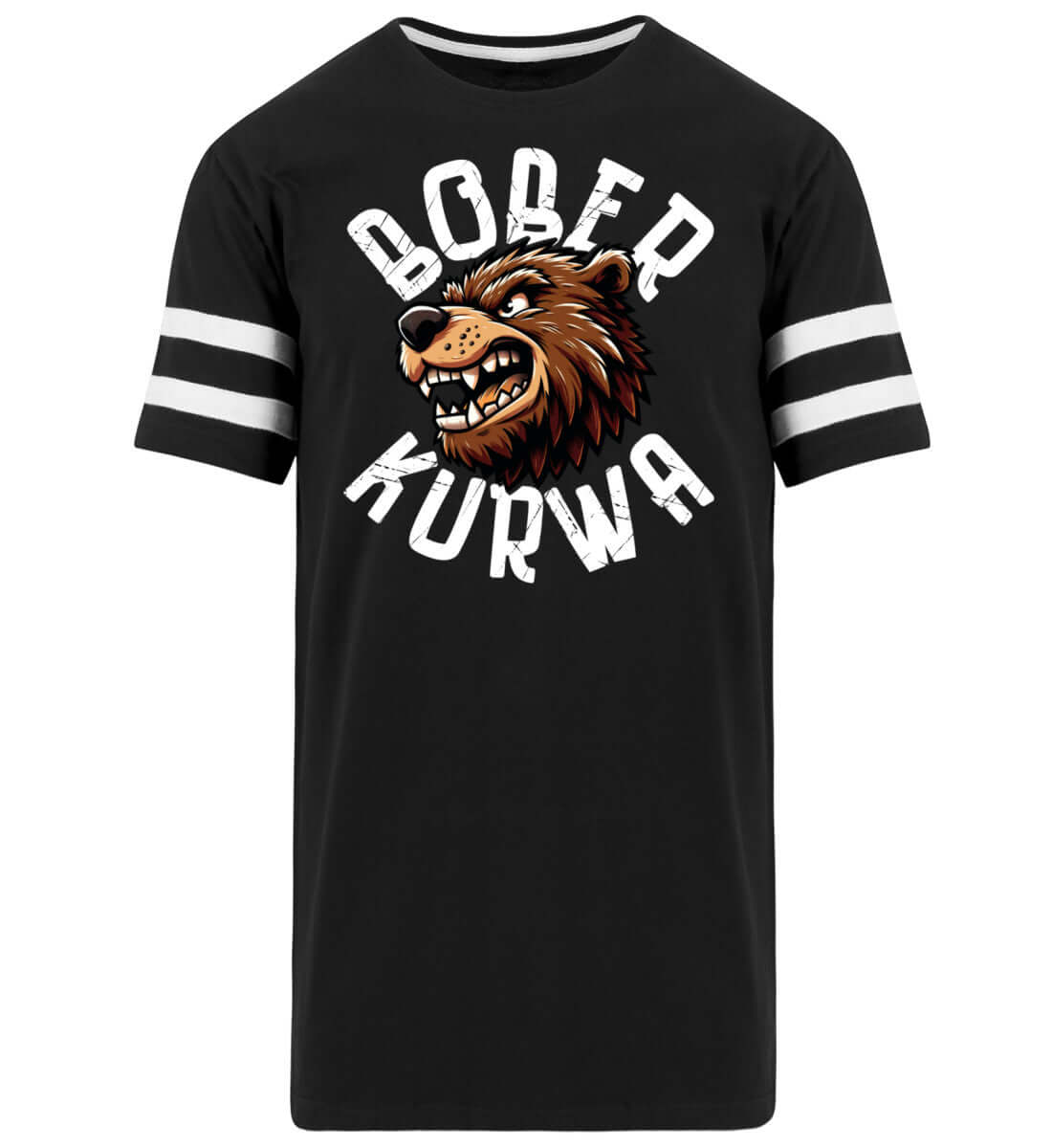 Bober Kurwa Long Striped black t-shirt with bear graphic and white stripes on sleeves.
