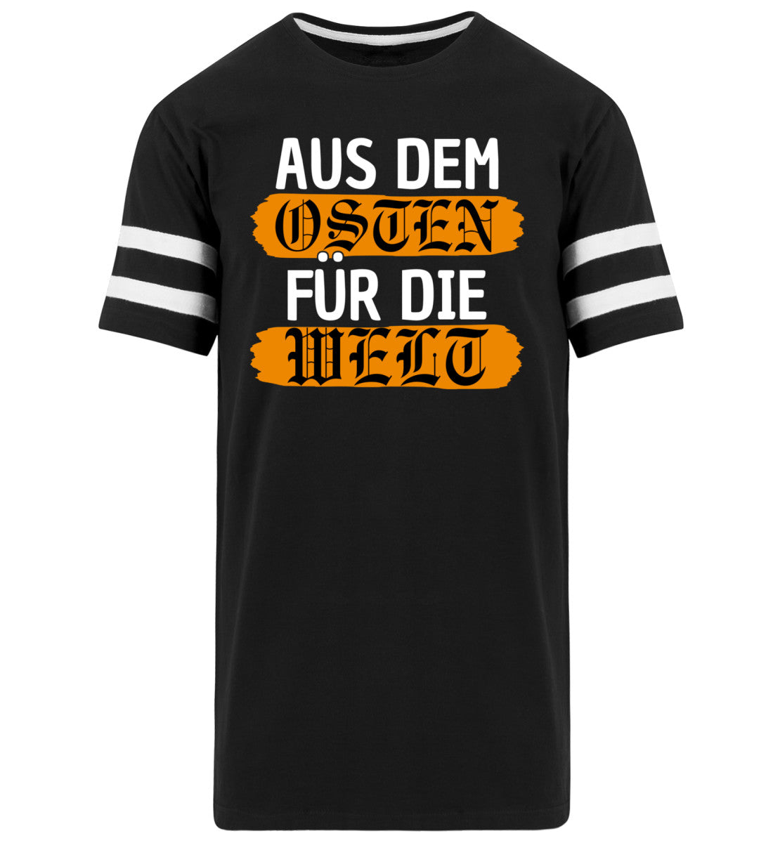 Osten Long Shirt with bold text 'AUS DEM OSTEN FÜR DIE WELT' on a black background, featuring striped sleeves.