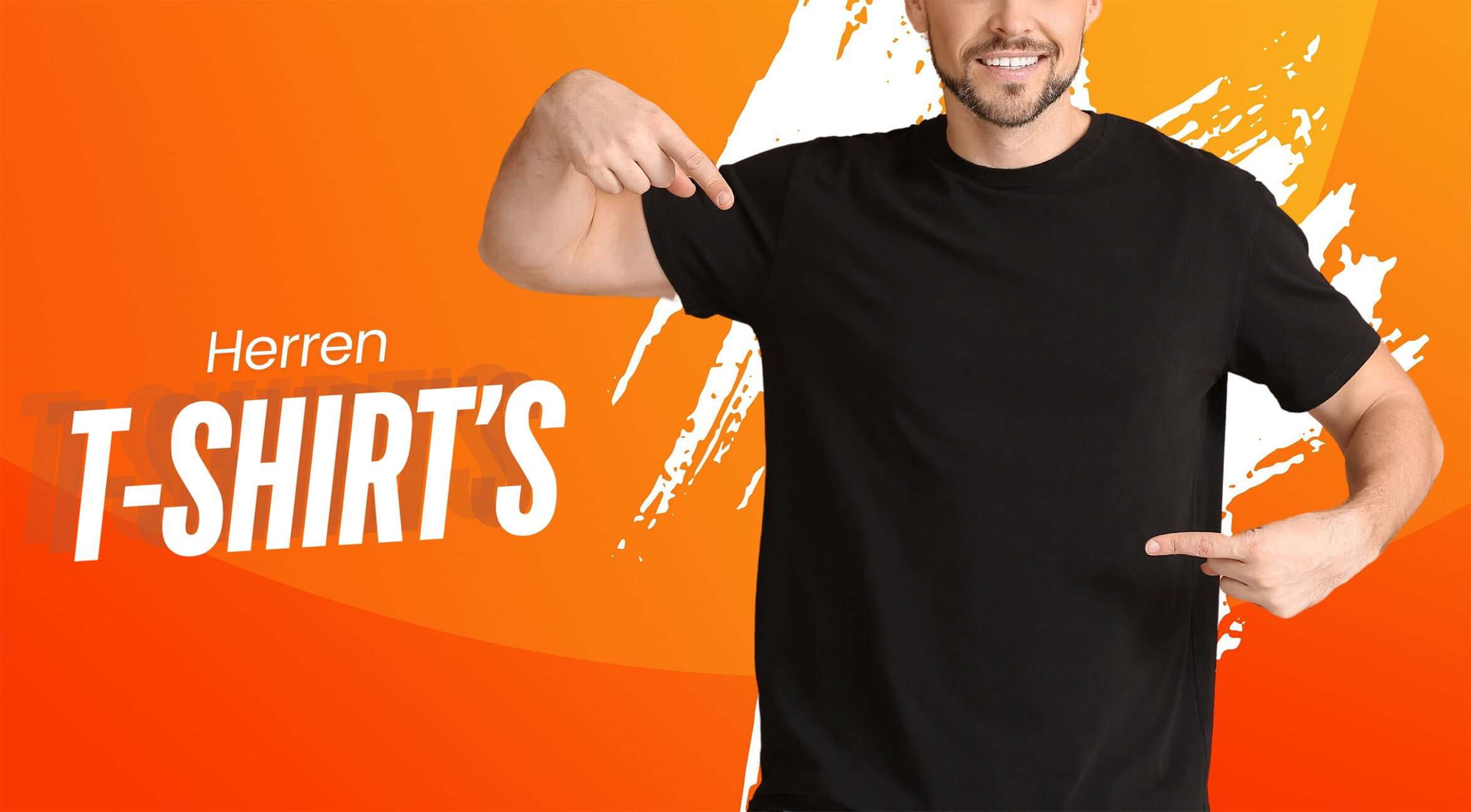 Mann präsentiert schwarzes Herren T-Shirt vor orangefarbenem Hintergrund mit Text über T-Shirts.