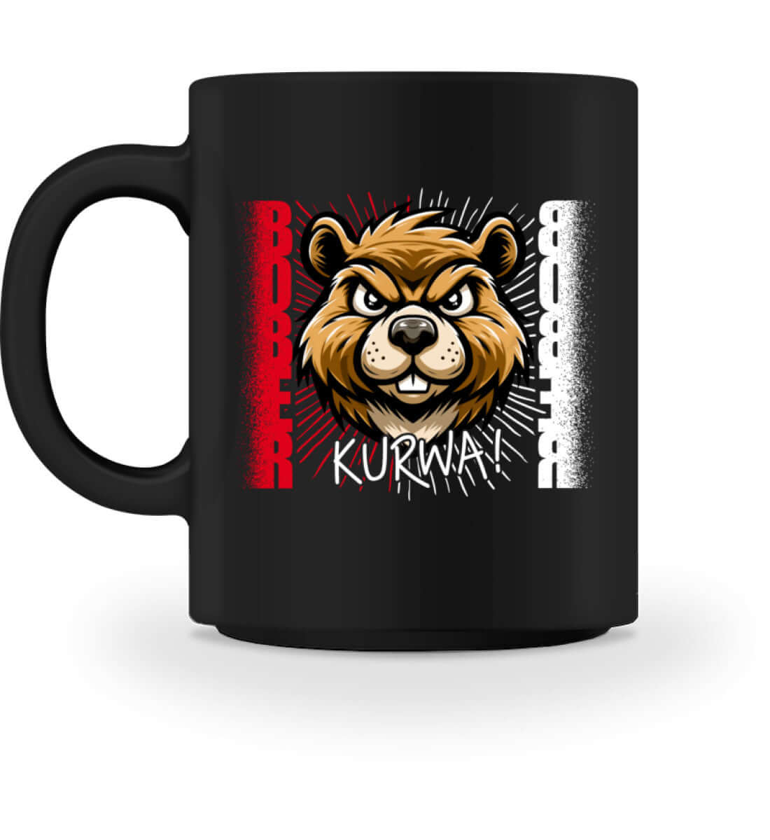 Bober Kurwa Kaffeetasse featuring a bear graphic on a black mug, perfect for coffee lovers, 374ml capacity.