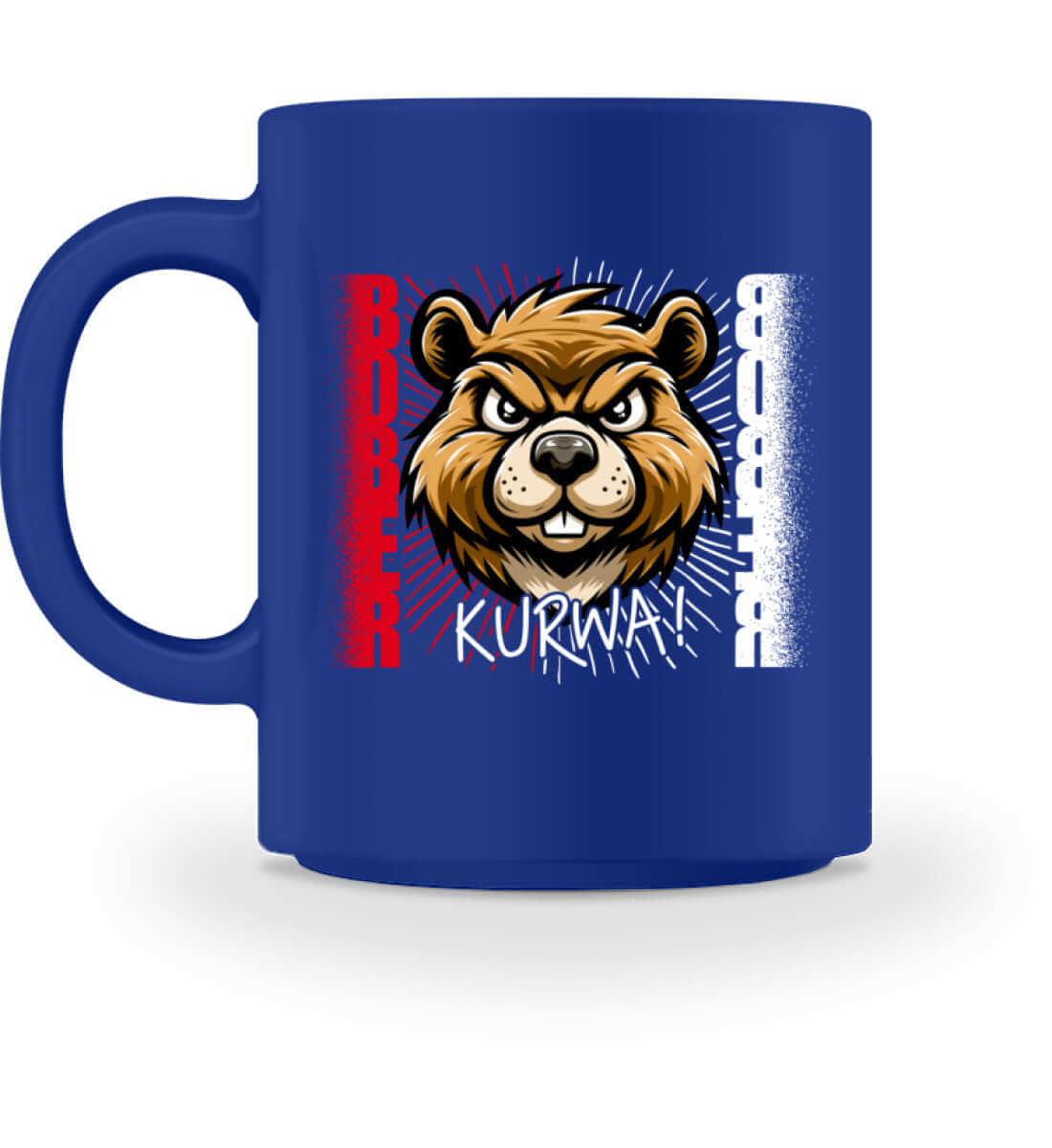 Bober Kurwa Kaffeetasse – Viral Biber Mug in blue featuring a bear face design, 374ml capacity for coffee or tea.