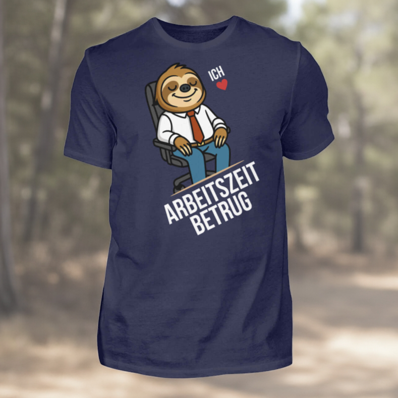 Arbeitszeitbetrug Shirt mit lustigem Faultier im Büro-Outfit auf blauem Hintergrund