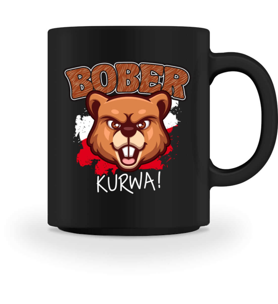 Bober Kurwa Kaffeetasse – Viral Biber Drink-Boss | 374ml with cartoon beaver design on a black ceramic mug.
