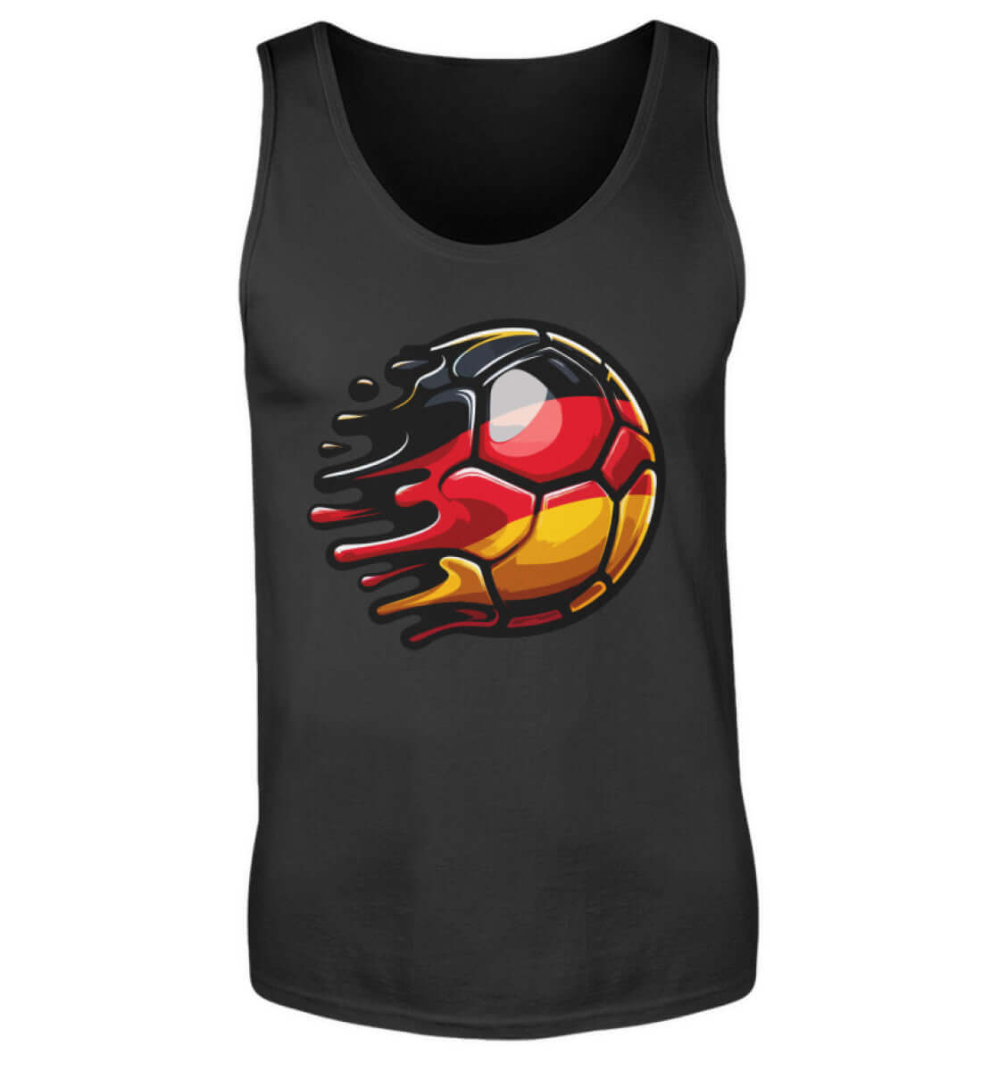 Schwarzes Herren Tanktop mit dynamischem Fußball-Design in Deutschlandfarben für Sport und Freizeit.