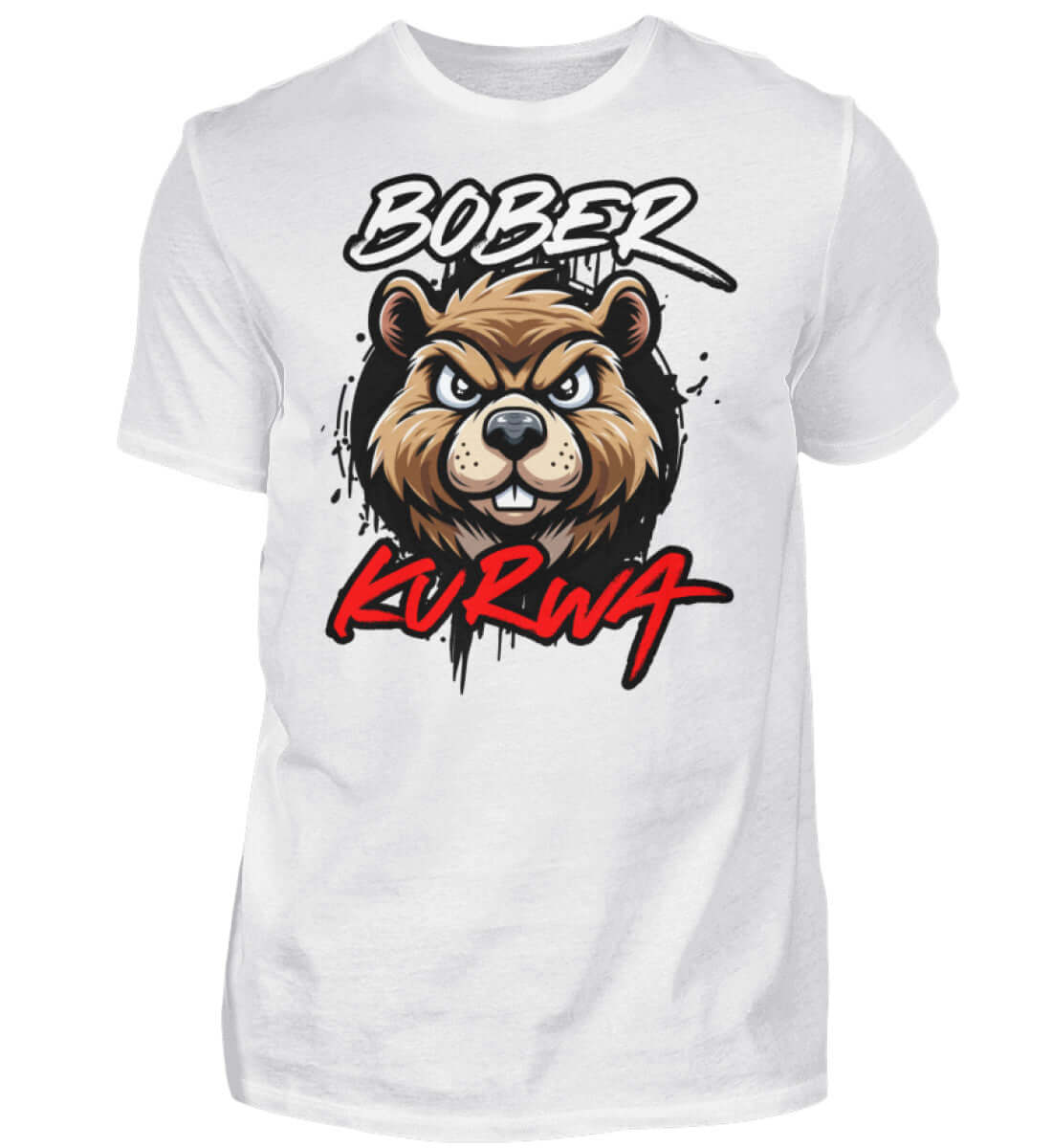 Bober Kurwa Shirt featuring a cartoon bear design on a white T-shirt, vibrant colors and eye-catching graphics.