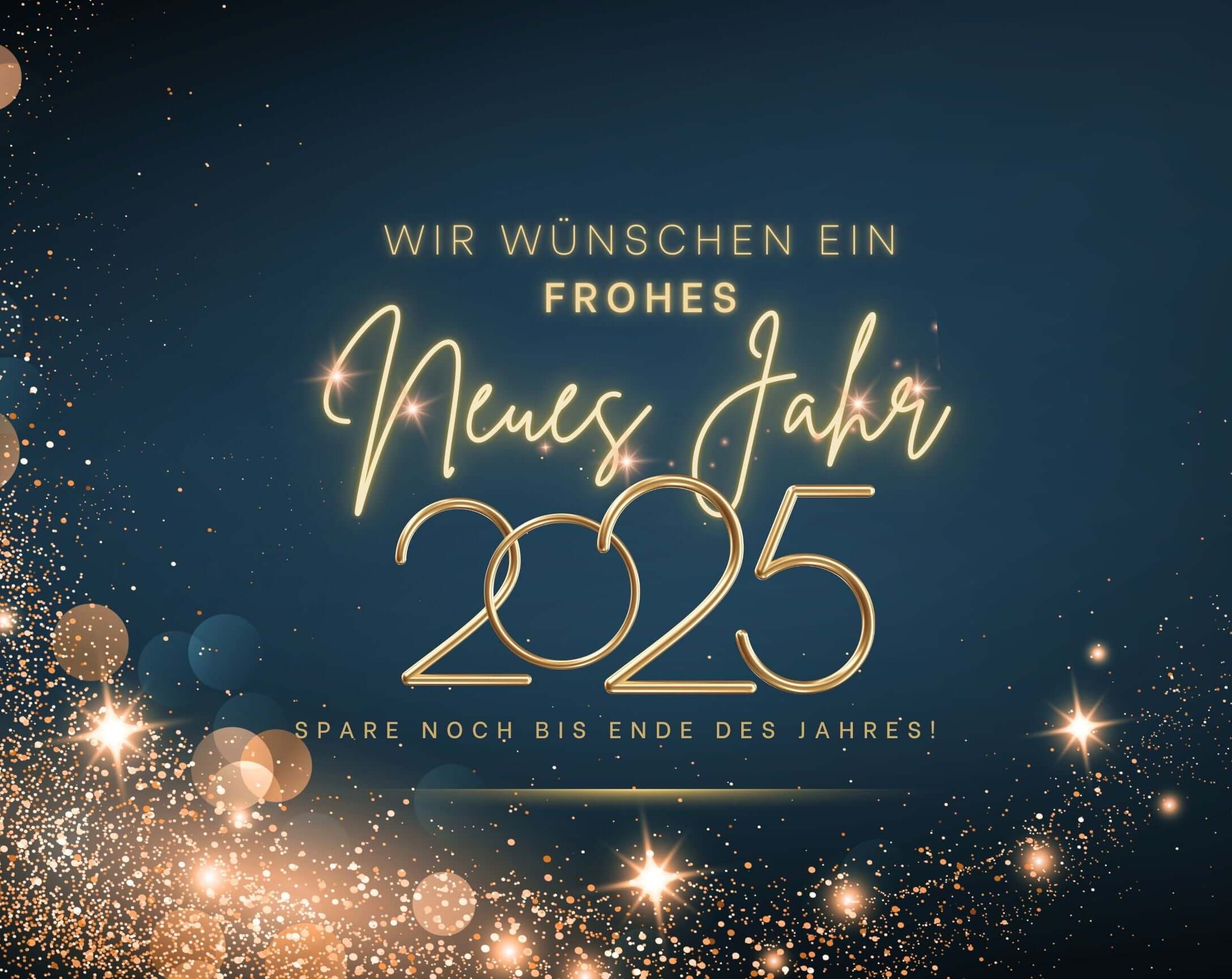 Feiertagsgrafik mit dem Text "Frohes Neues Jahr 2025" und glänzenden Lichtern für Neujahrswünsche.
