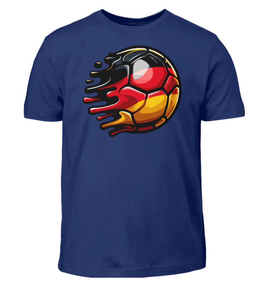 Blaues Kinder T-Shirt mit einem Fußball-Motiv in den Farben der Deutschland-Flagge.