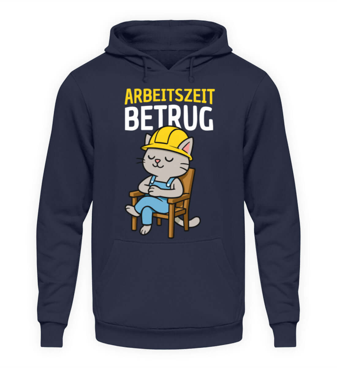 Herren Hoody mit schlafender Katze im Helm und Schriftzug "Arbeitszeitbetrug" – perfekt für den Baustellen-Look.