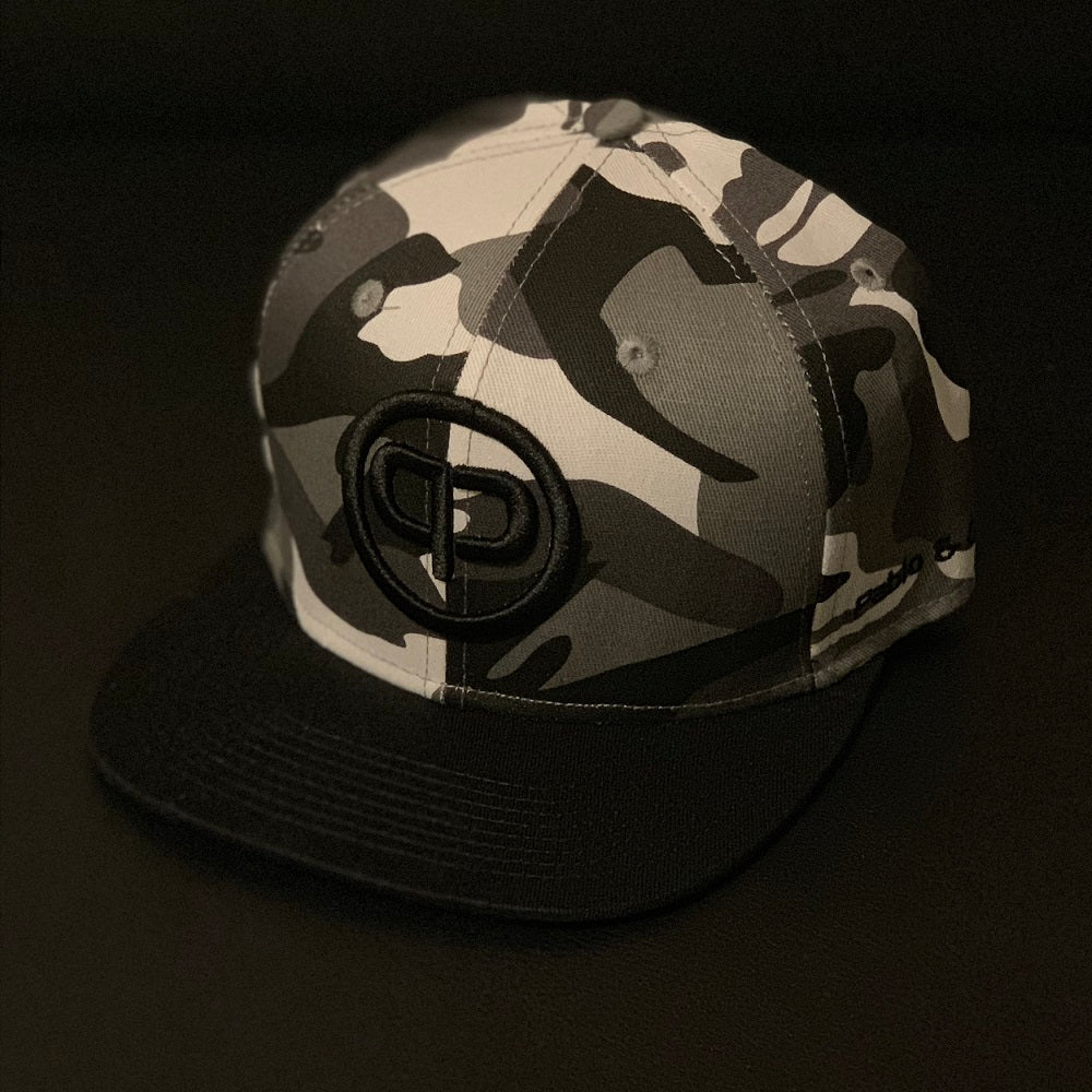 Pablo & Capone white camo snapback cap featuring durable embroidery and adjustable fit.