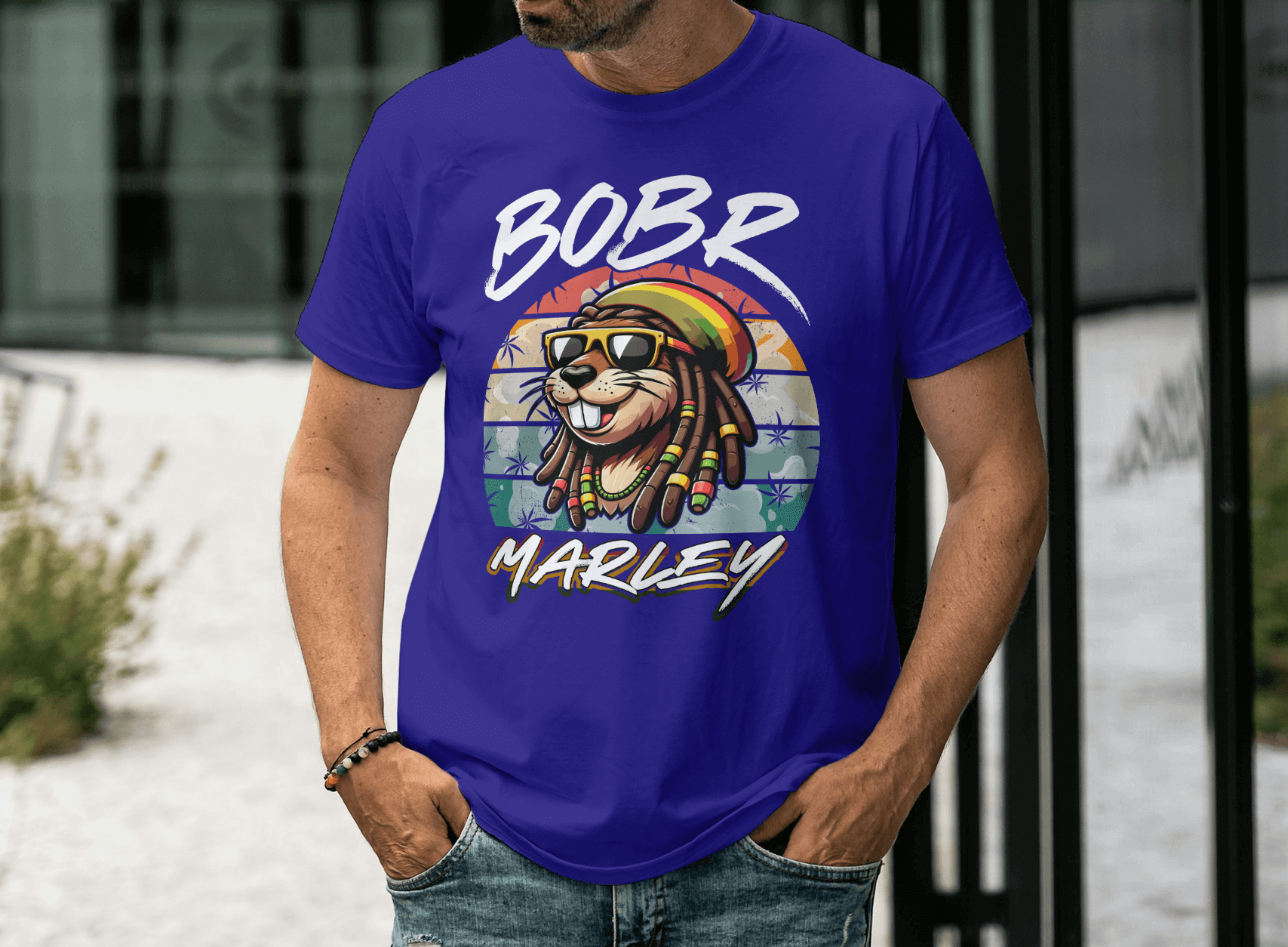 Bobr Marley Shirt featuring a vibrant lion graphic and reggae vibes on a blue t-shirt, perfect for fans of reggae music.