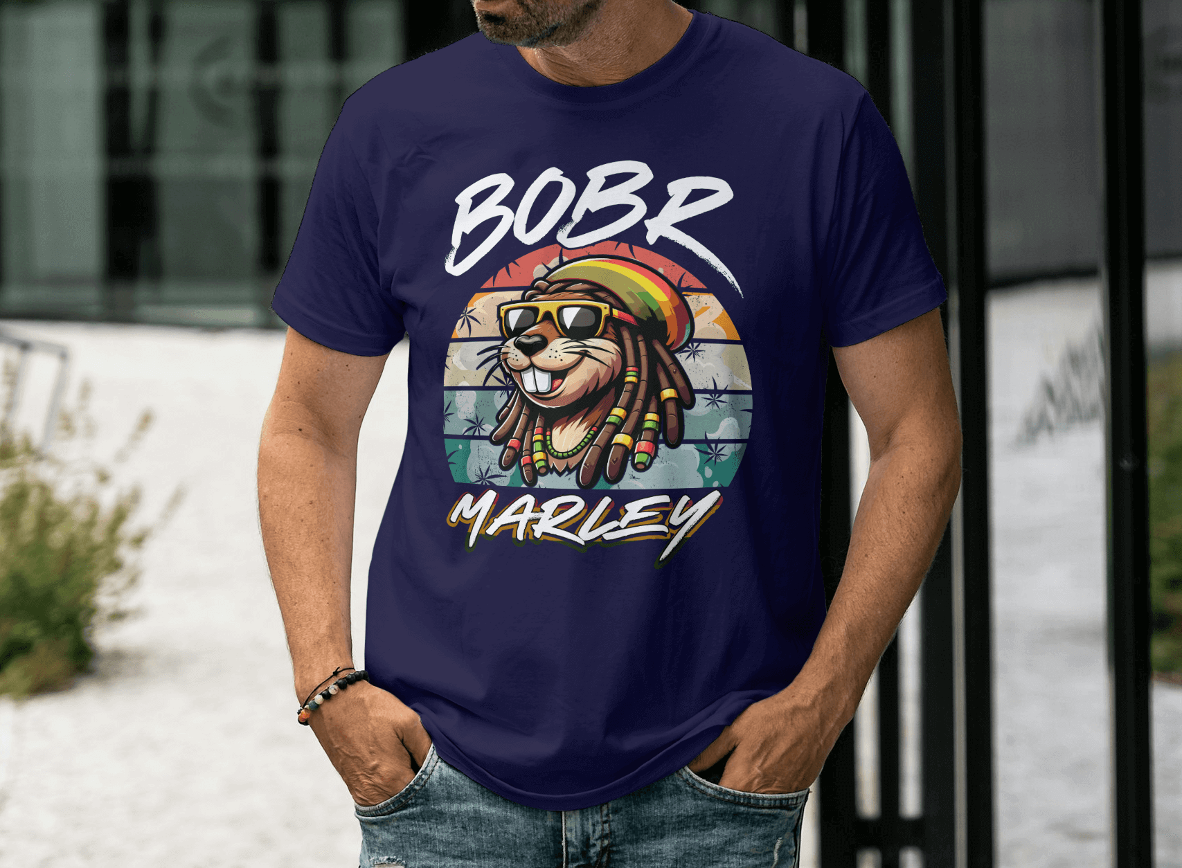 Bobr Marley Shirt featuring a colorful lion graphic and reggae vibes on a navy t-shirt.