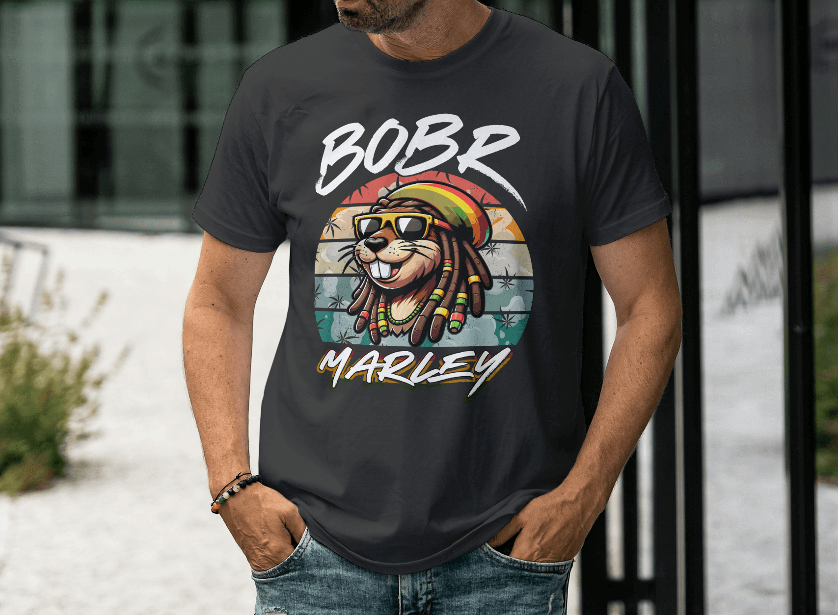 Bobr Marley Shirt featuring a lion graphic with reggae vibes, worn by a man in a casual outdoor setting.