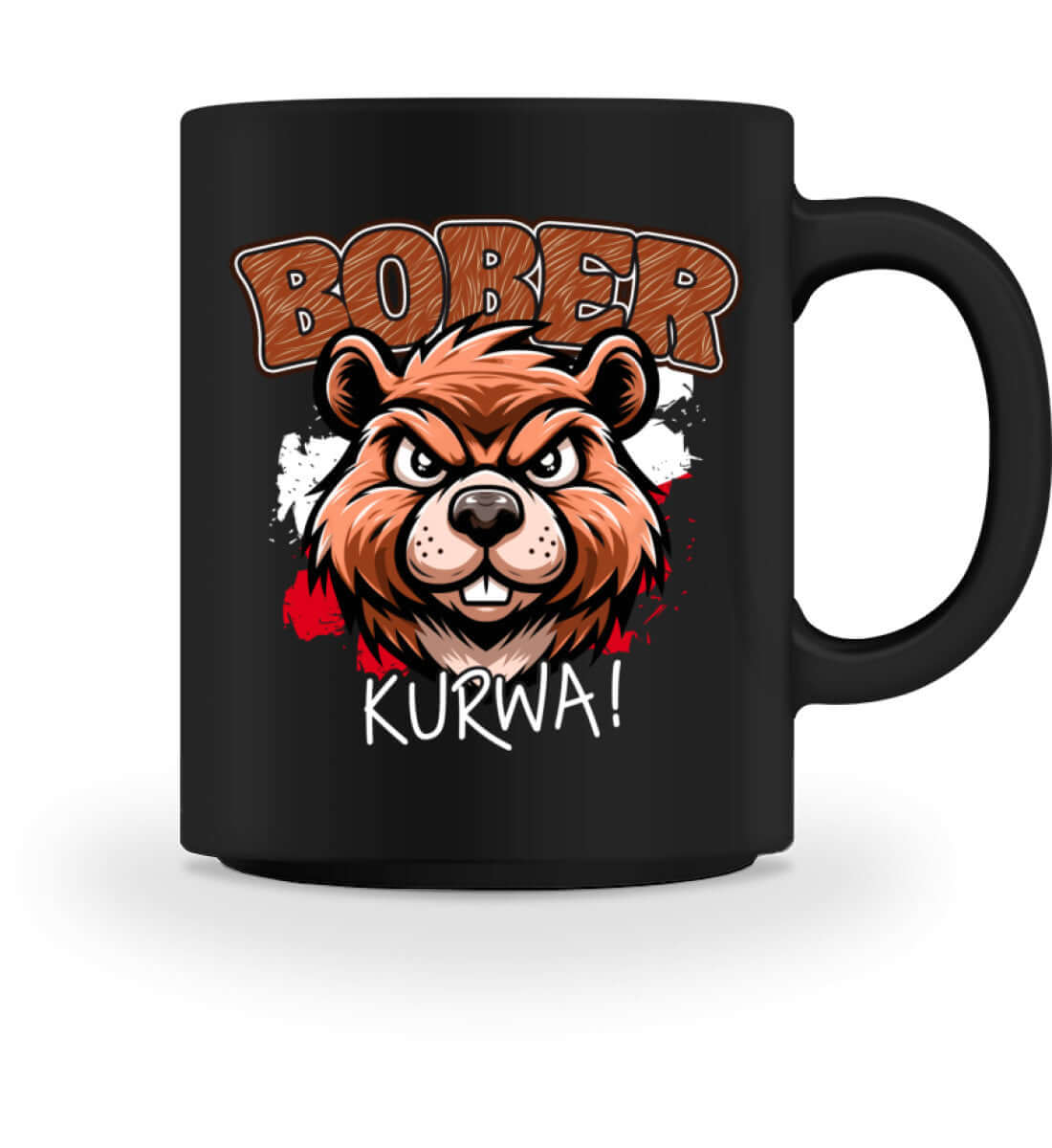 Bober Kurwa Kaffeetasse with cartoon bear design and bold text, perfect for coffee lovers.