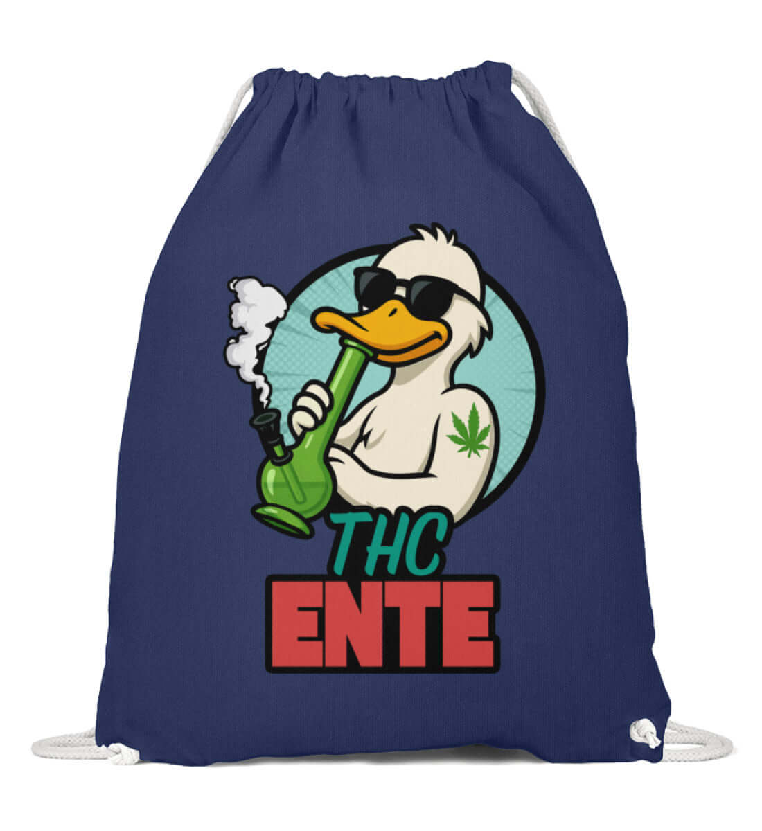 Navyfarbener Beutel mit Hanf-Ente und auffälligem THC Design