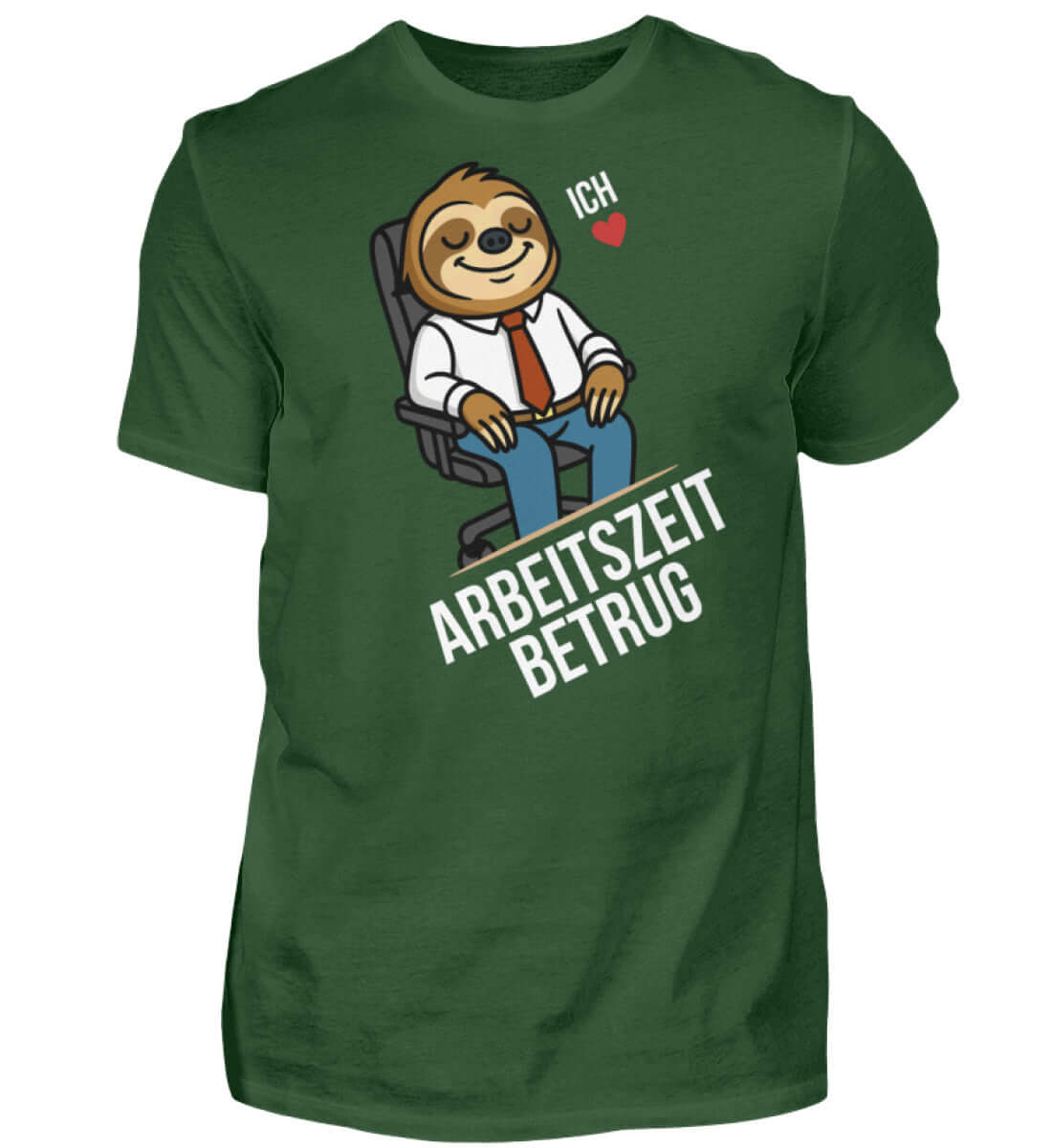 Arbeitszeitbetrug Shirt featuring a cartoon sloth in a suit sitting in an office chair, perfect for fun office wear.