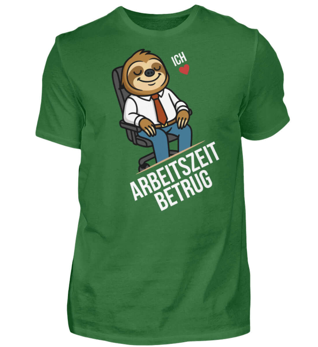 Arbeitszeitbetrug Shirt mit lustigem Faultier im Bürolook auf grünem T-Shirt.