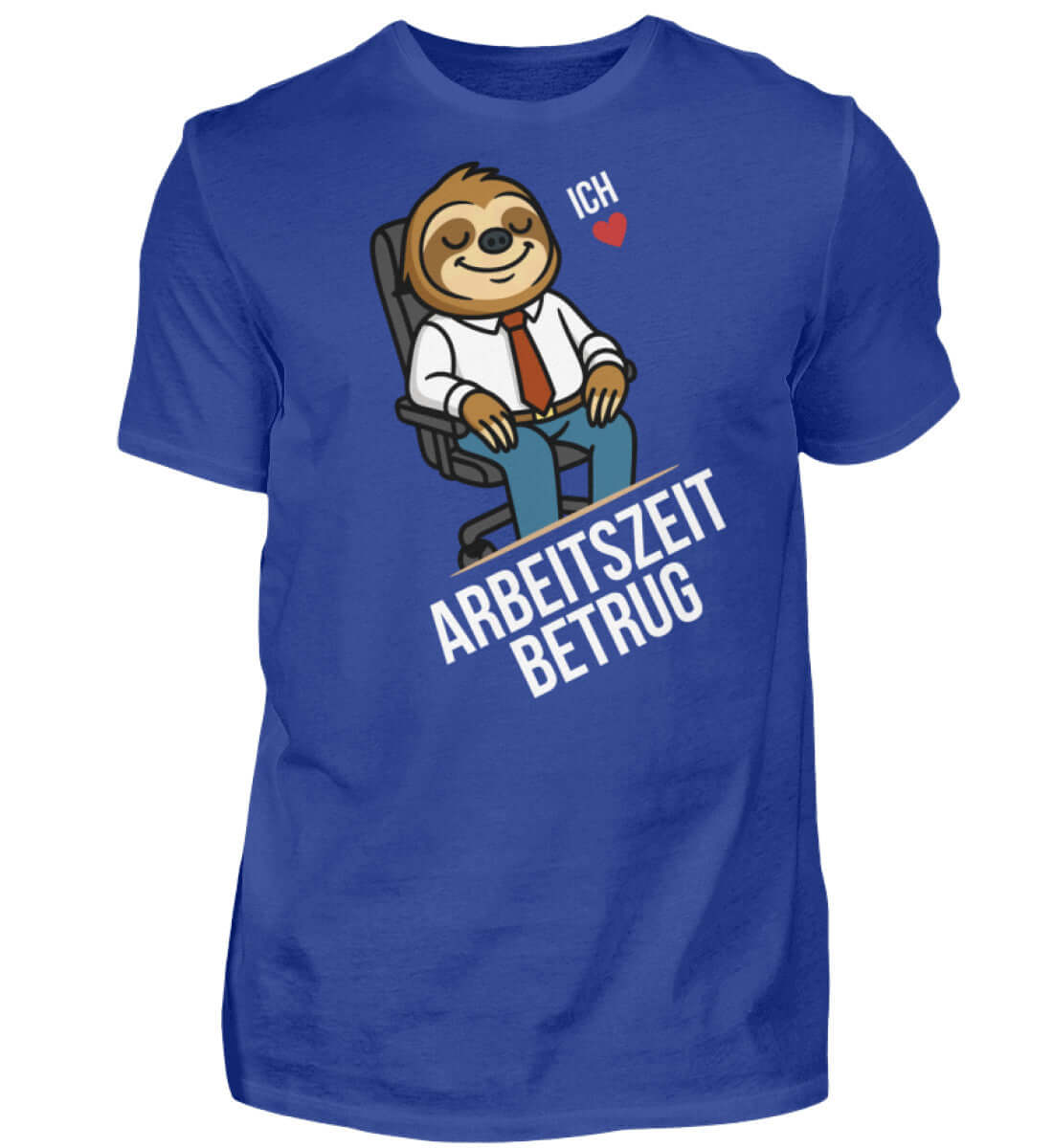 Arbeitszeitbetrug Shirt mit einem lustigen Faultier, das in einem Bürostuhl sitzt, auf blauem Hintergrund.
