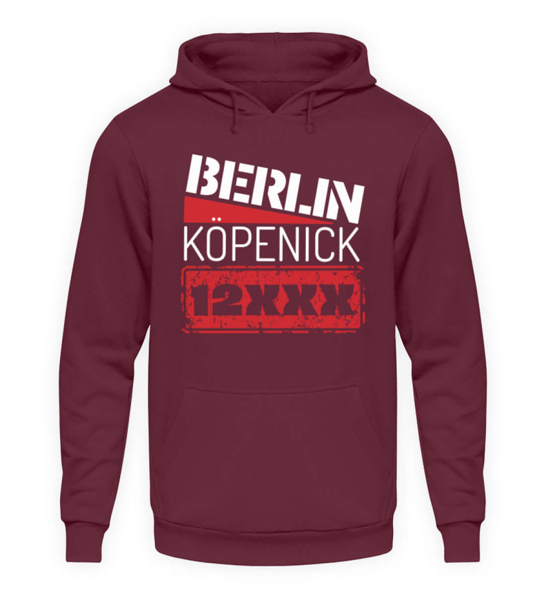 Köpenick Herren Hoody in bordeaux mit Berlin 12XXX Design für den gemütlichen Berliner Alltag.
