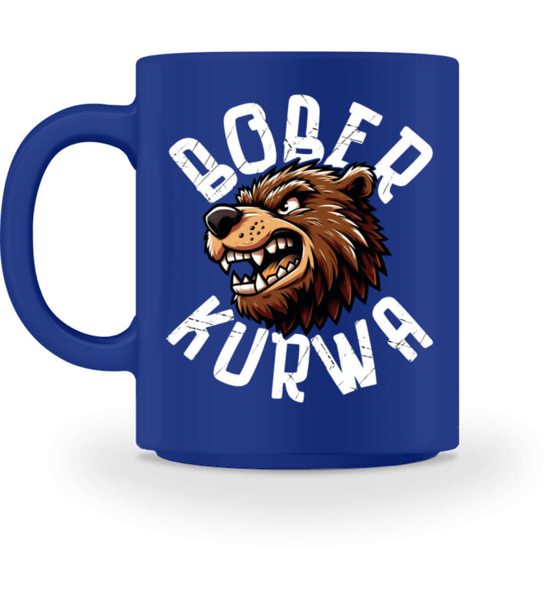 Bober Kurwa Tasse featuring a fierce bear design on a blue ceramic mug, perfect for coffee and tea.