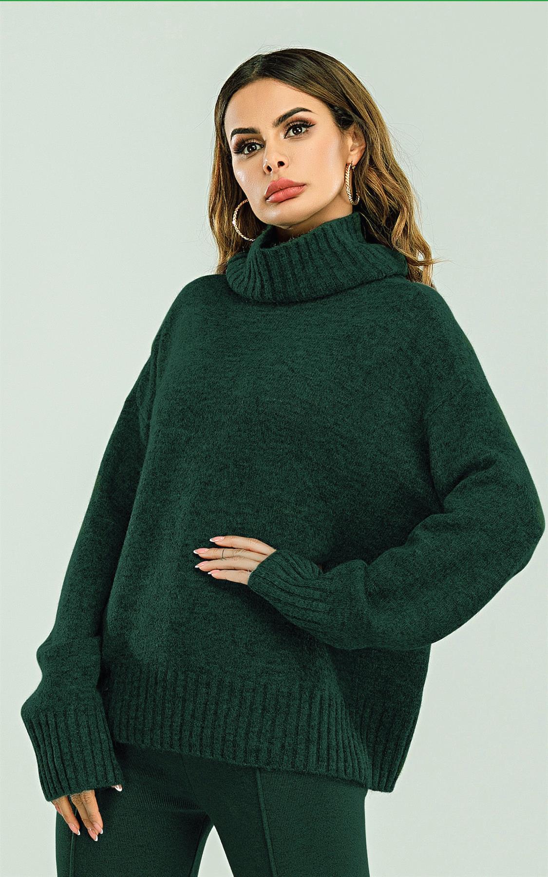 Wollpullover Damen – High Neck, Dark Green