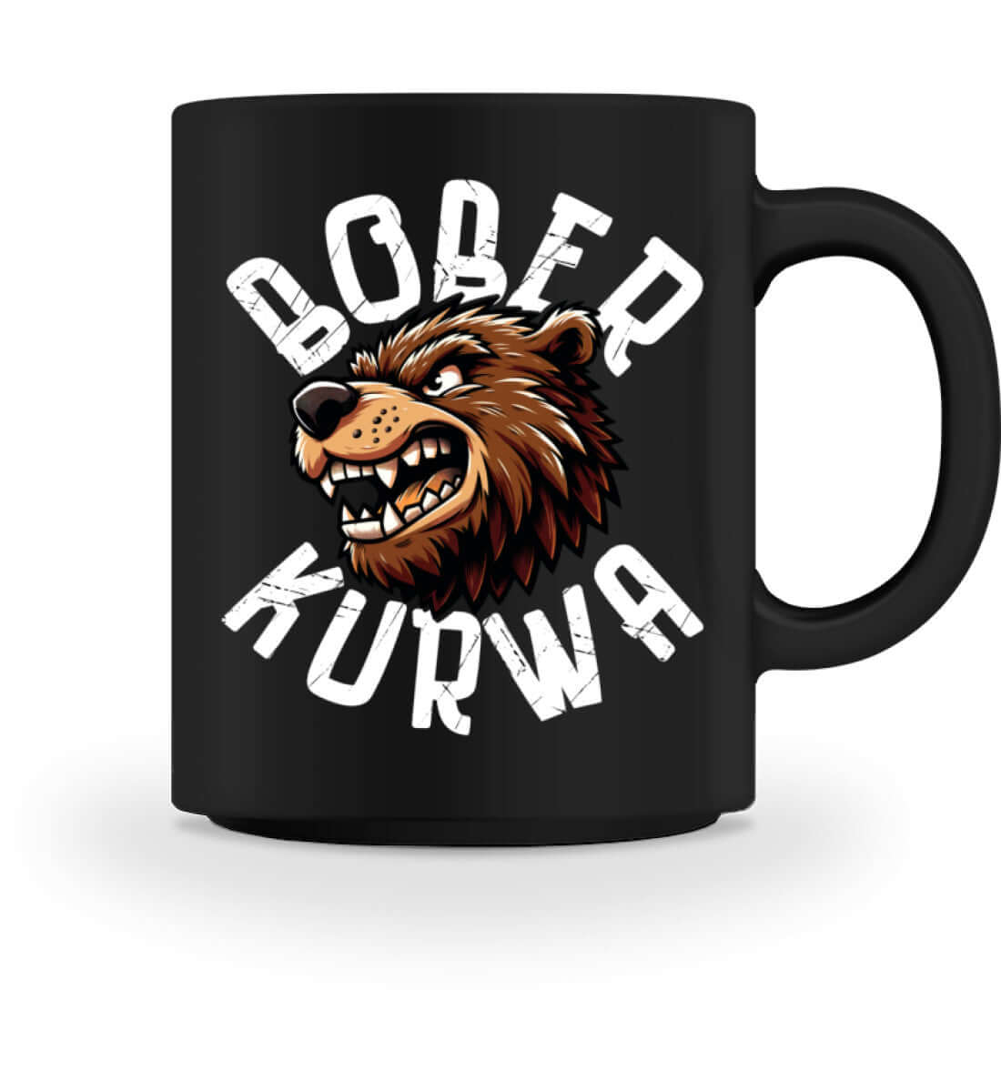 Bober Kurwa Tasse featuring a bear graphic on a black mug, perfect for coffee or tea lovers, 374ml capacity.