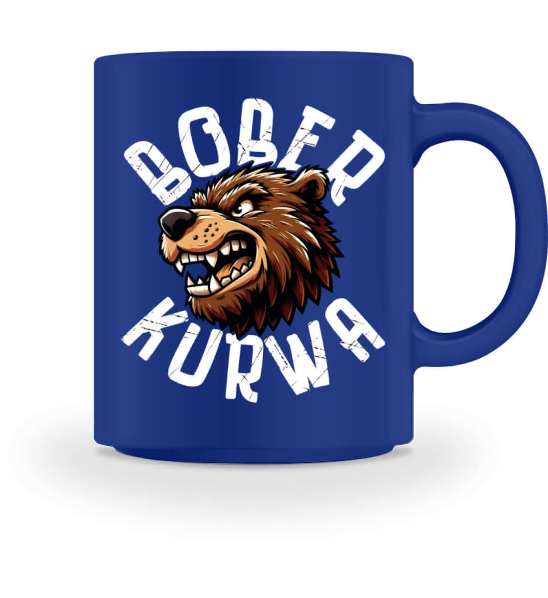 Bober Kurwa Tasse featuring a bear graphic on a blue ceramic mug, 374ml, perfect for coffee and tea.