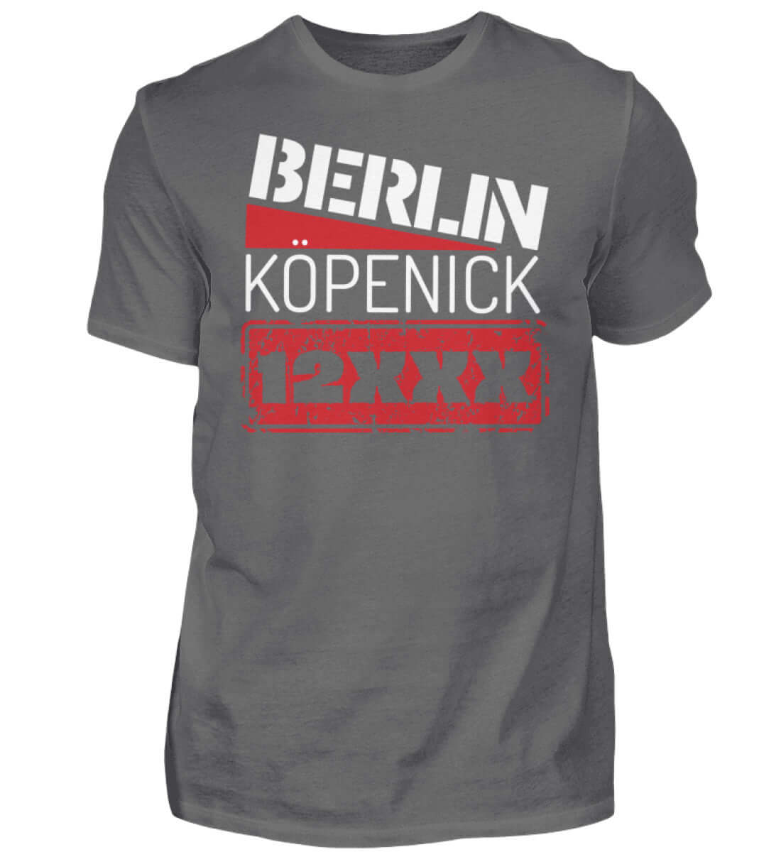 Stylisches Grau-Shirt mit rotem Berlin Köpenick 12XXX Aufdruck

