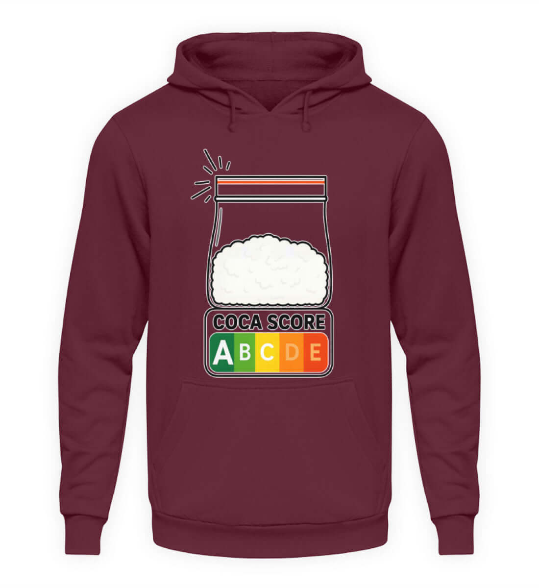 Coca Score Herren Hoody in Bordeauxrot mit ironischem Frontprint für stylische Satire in Farbe.