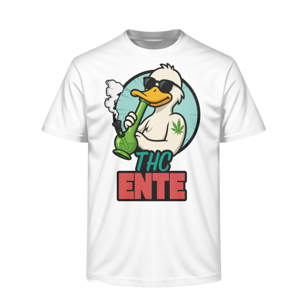 Hellgraues Bio-Shirt mit THC Ente und Joint im Comicstil

