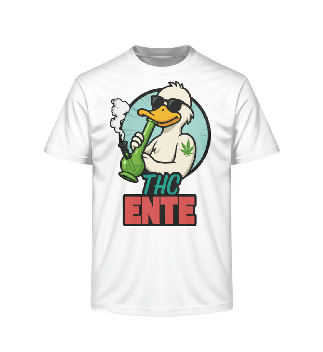 Hellgraues Bio-Shirt mit THC Ente und Joint im Comicstil

