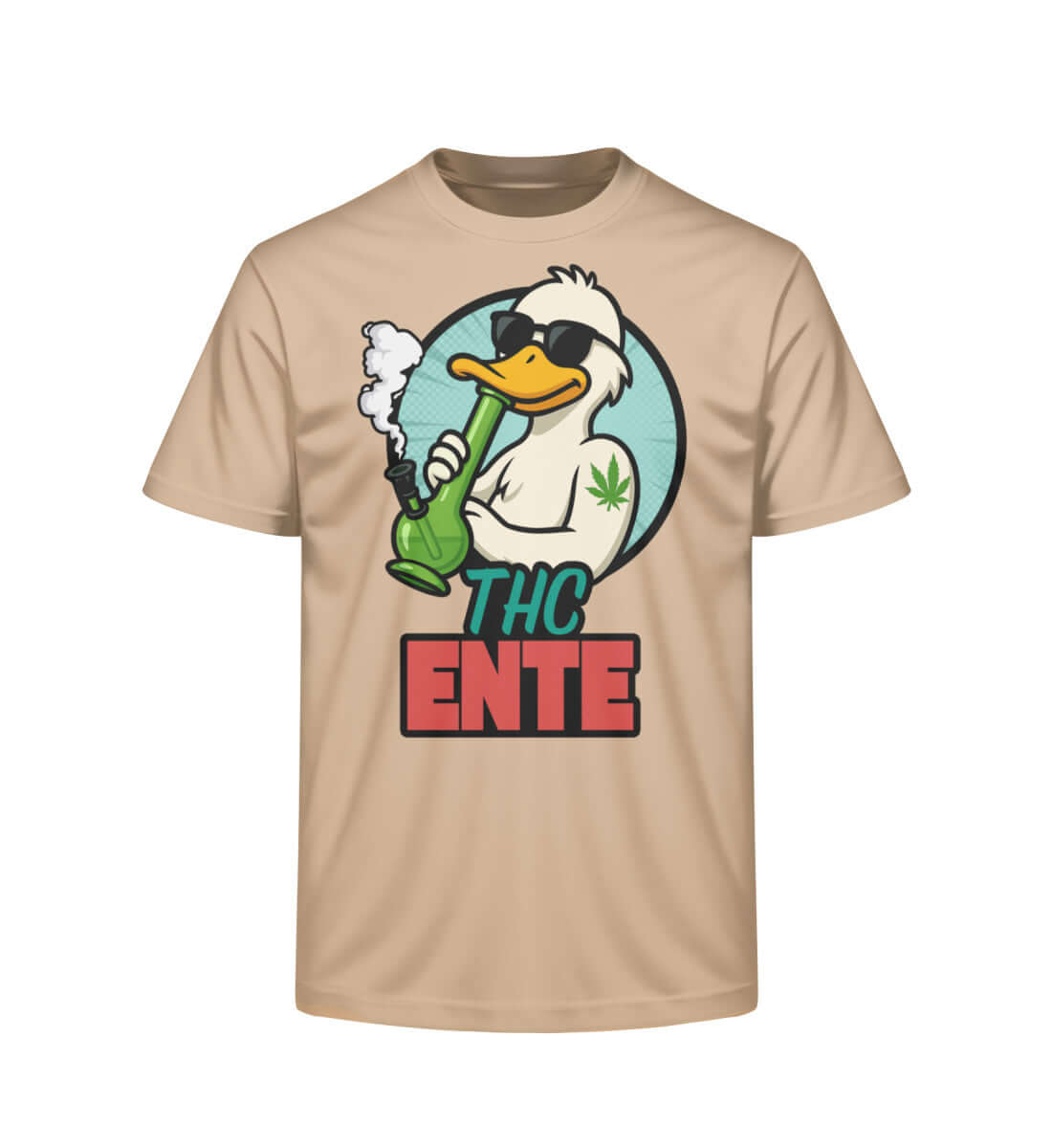 Helles grünes Funshirt mit bekiffter Comic-Ente und Hanfblatt

