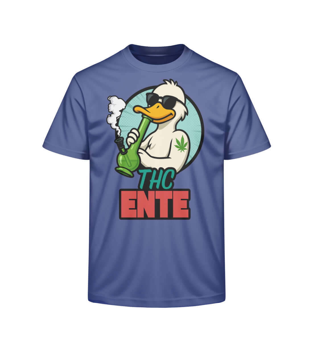 Indigo T-Shirt mit THC Ente Design und grün-rotem Schriftzug

