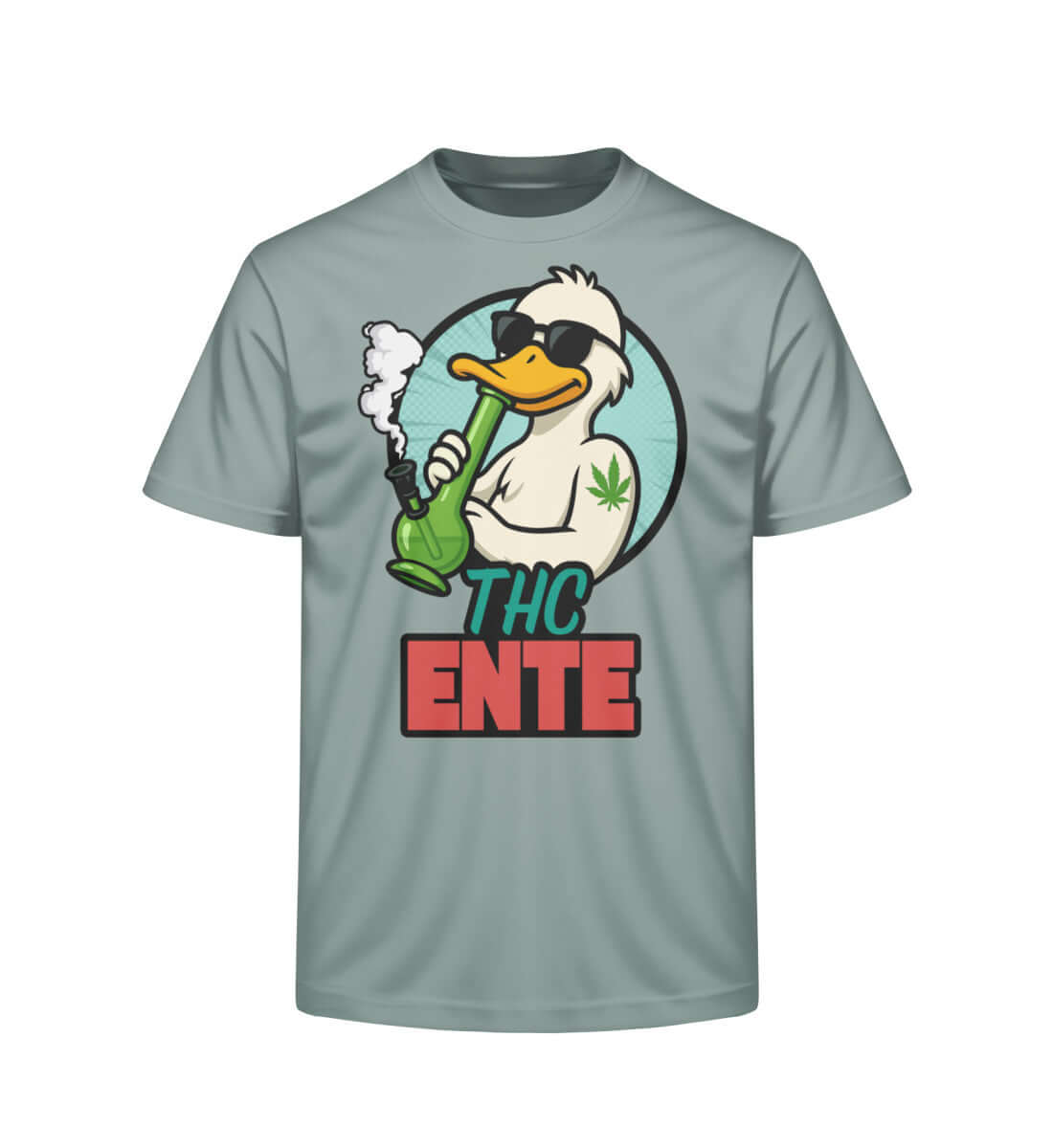 Sandfarbenes Bio T-Shirt mit THC Schrift und chillender Ente

