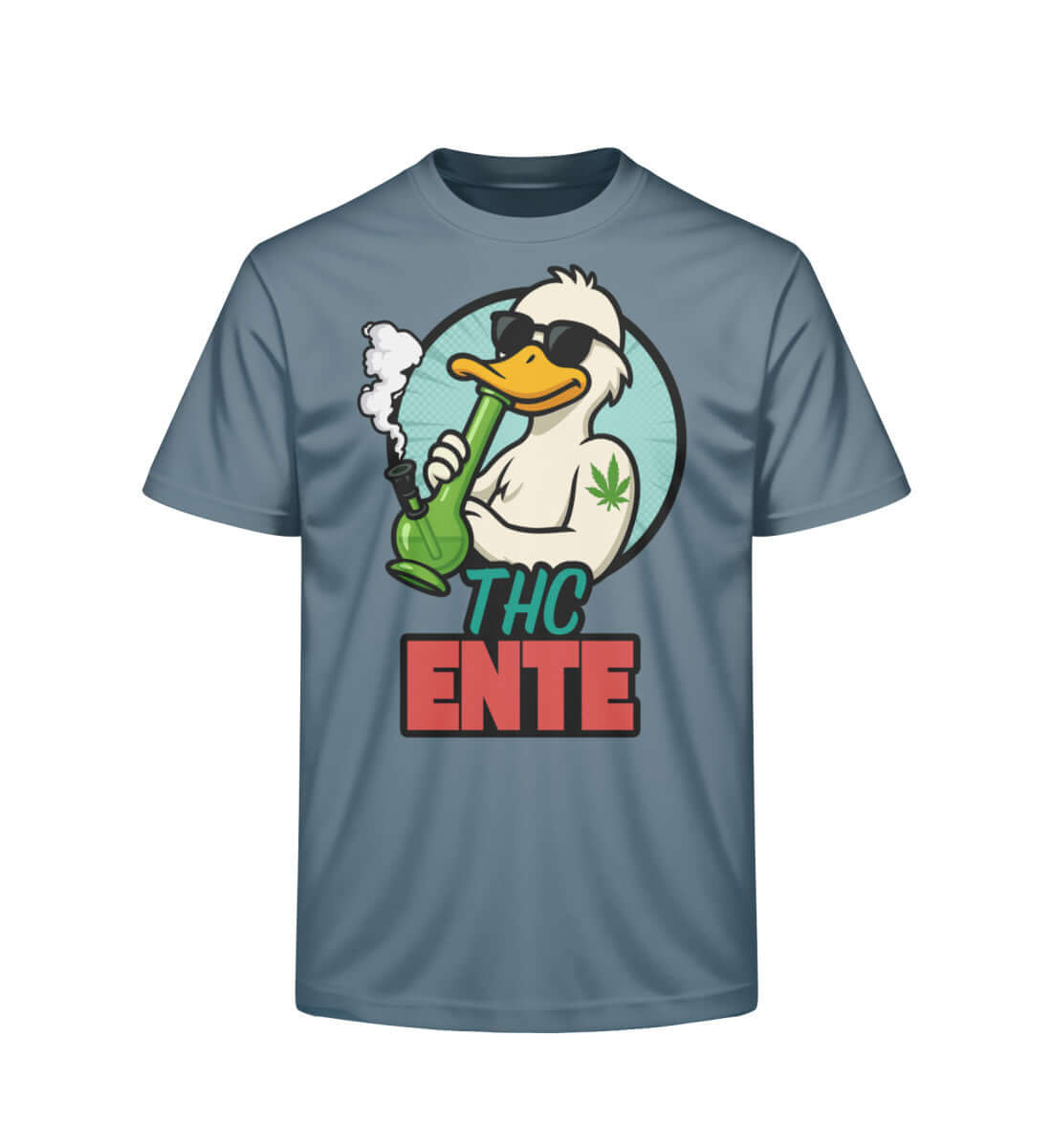 Waschblaues Comicshirt mit THC Ente im chilligen Stil

