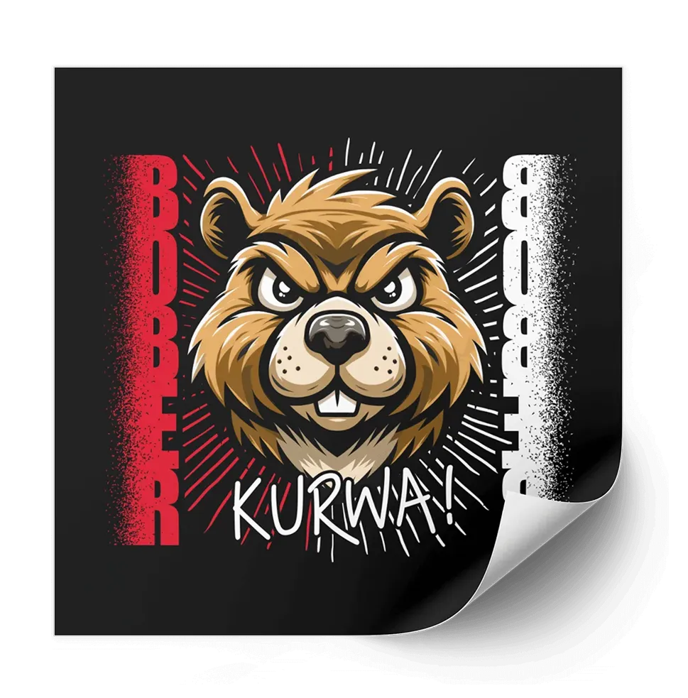 Bober Kurwa Sticker mit wütendem Biberkopf auf schwarzem Hintergrund, vertikalem Schriftzug und weiß-rotem Design